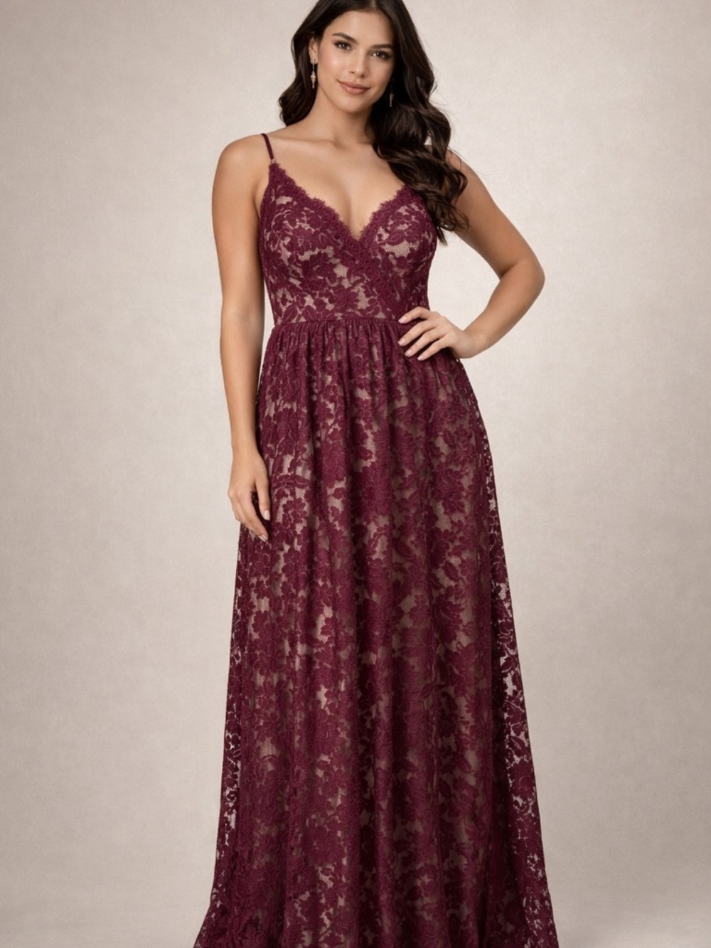 Elegant Prom Burgundy Lace Spaghetti-Strap Maxi Dress